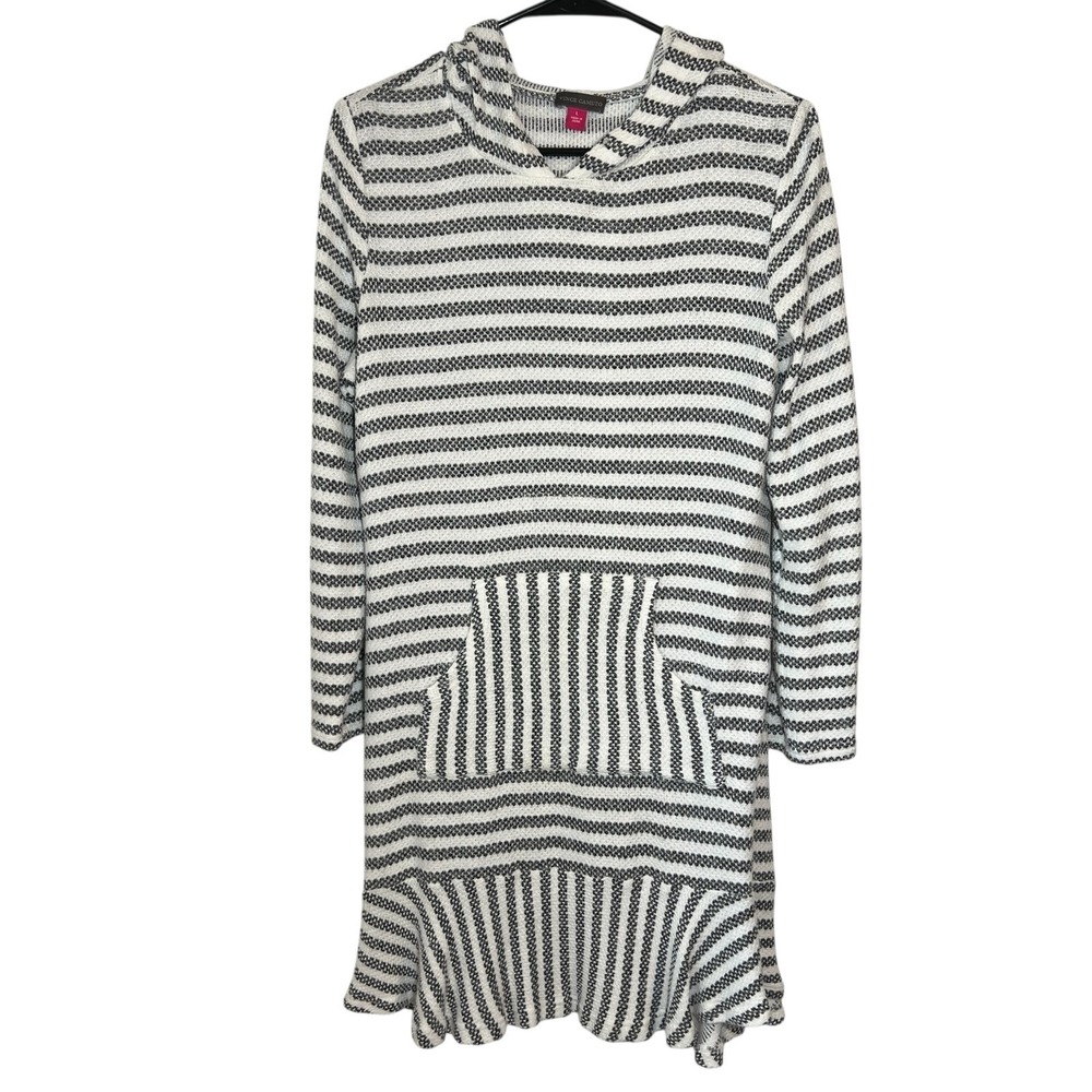 Vince Camuto Dress Size Large Hood Knit Sweatshirt‎  Gray White Stripes Beach 35